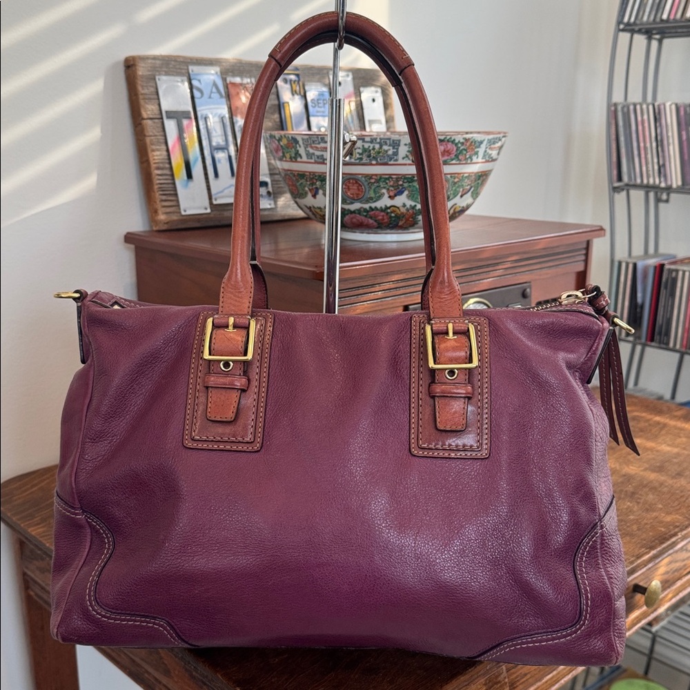 Coach Hamilton satchel in a rich plum with British tan trim and crossbody strap - Picture 3 of 10